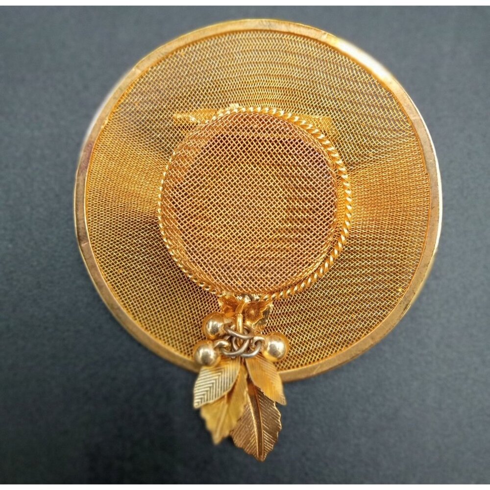 Hat Brooch Pin Gold Tone Metal Mesh Vintage 2.25 Inch Leaves Berries Accessory